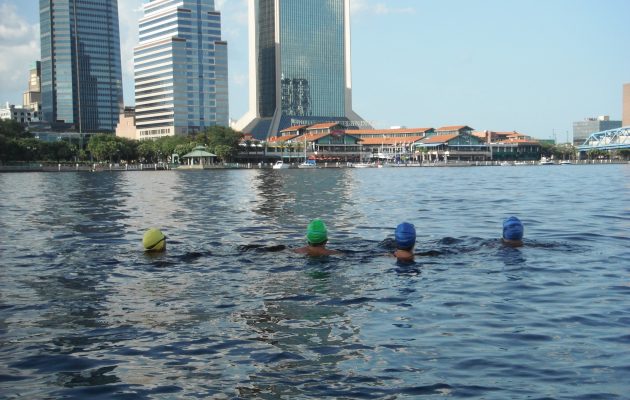 Open water swimmer glides forward