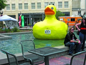 “Sgt. Quackers” the giant yellow duckie in the pool at Hemming Plaza by Jenny Hager’s UNF Enliven Spaces class