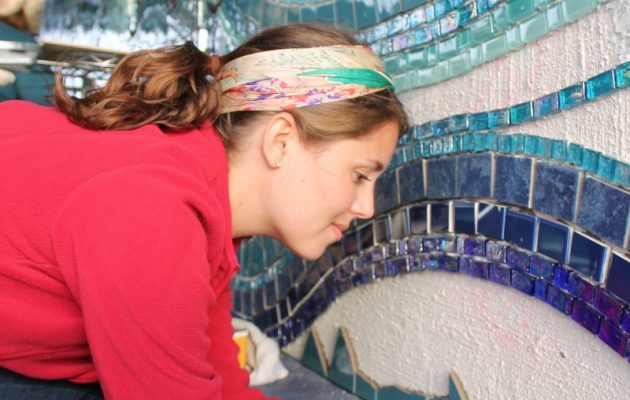 Mosaic mural project draws observers, helpers