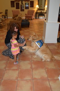 Two-year-old Domenica Pitt-Tarabori of Fort Walton Beach high fives the facility dog Reed in the foyer of the Ronald McDonald House.