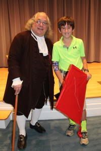 Barry Stevens, aka Benjamin Franklin, with essay contest winner Graham Worley, student at Riverside Presbyterian Day School