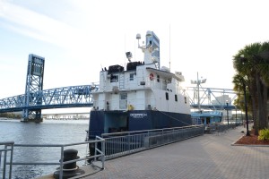 The OCEARCH research vessel docked at the bulkhead along the downtown river walk, just north of the Main Street Bridge, March 15.