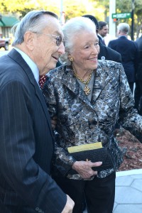 Honorary Board Member Robert T. “Bob” Shircliff looks on with sculpture donor, Helen Murchison Lane, as they admired the finished bronzed memorial.