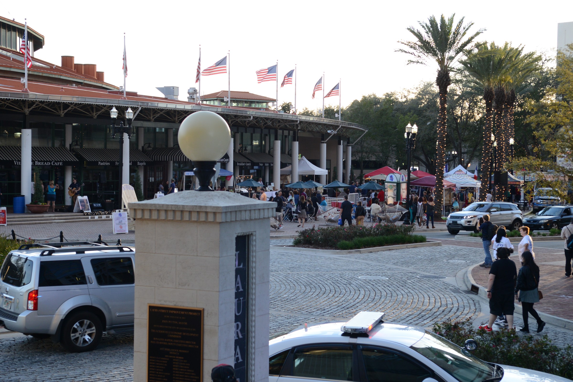 A view from the corner of Laura and Bay Streets provides a snapshot of the vendors lined up at the front entrance to the Jacksonville Landing, the area coined as the “Front Porch” at Art Walk.