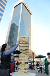 Debbie Saldana carefully pulled a JENGA piece from the wavering tower as daughter Sofia looked on. The Ponte Vedra Beach residents spent the day celebrating Sofia’s 8th birthday downtown at Art Walk, accompanied by father Edmund and son Edmundo.