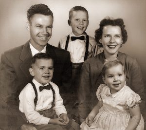 1955 Family portrait: Steven, 4, in Percy’s lap; Beverly, 3, in Dorothy’s lap, Percy III, 5, standing
