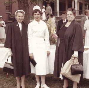 Elizabeth and Lee-Margaret Vogel, with unknown woman at Nursing School graduation, 1962