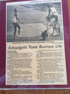 Like mother, like daughter: Hillary Almond’s dog walking service was featured in the Jacksonville Journal, August 27, 1979.