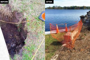 A deep sinkhole appeared in Baker Point Park in late summer 2016. In early January, the City of Jacksonville erected a safety fence around the hole at the new bulkhead in Baker Point Park.
