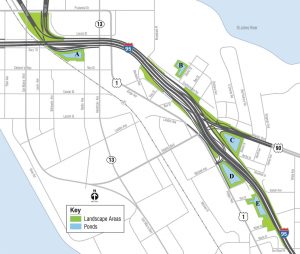 Map of I-95 Overland Bridge landscape project indicates placement of ponds and landscape area, subject to change.