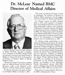 Article announcing Bill McLear’s 1984 appointment to Baptist Medical Center