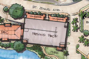 The final PUD for RiverVue indicates two townhouse buildings will be constructed adjacent to the parking garage.