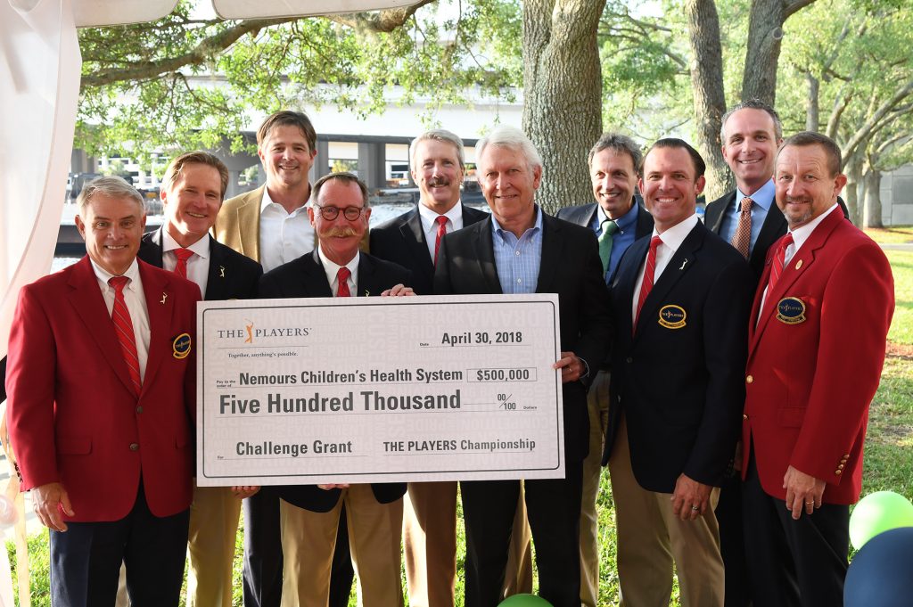 Members of THE PLAYERS Championship stepped up their own game when they presented a check to Nemours Children’s Specialty Care for $150,000 more than the charity arm of the prestigious golf tournament enterprise had pledged as a matching grant. Red Coat and Blue Coat members made the exciting announcement April 26 with a $500,000 check for Nemours new capital campaign.