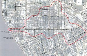 The dashed line shows the drainage divide in the San Marco neighborhood. Moro, Colombo, LaRue and Belmont streets should drain to Landon Park Pump Station after it is completed, while the areas to the north of those streets will drain to the Lasalle Pump Station instead of the Landon Park Pump Station. 