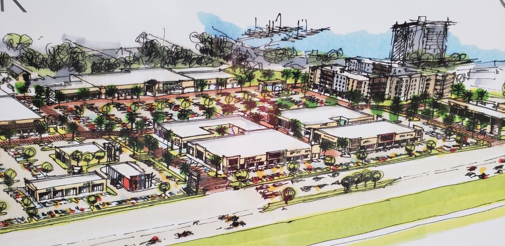 A new rendering for what Dewberry Capital is calling Ortega Park. In the background, far right, is the Ortega Yacht Club Condominium with what appears to be a shorter residential complex in front of it (Lakeside Drive separates the two properties).