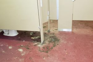 The door to the women’s restroom at the Murray Hill Athletic Association’s building was open; a peek inside revealed a debris-laden floor.