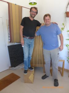 Damien Hamon, a furniture maker in France, with Riverside furniture maker Matt Lackey, who spent a week in Nantes learning to speak the language.