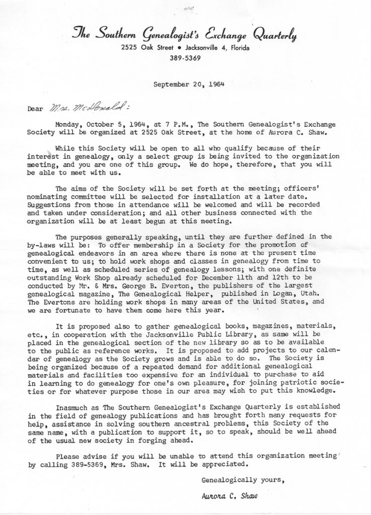 Typewritten invitation to join the Southern Genealogist’s Exchange Society from its founder, Aurora C. Shaw, noting the invitation was being extended to a “select group.”
