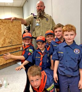 Scoutmaster Wade Lindsey with Cub Scouts Thad Lindsey, Reynolds Watson, Auggie Page, James Hartman, Jacob Mercer and Stepp Hurst