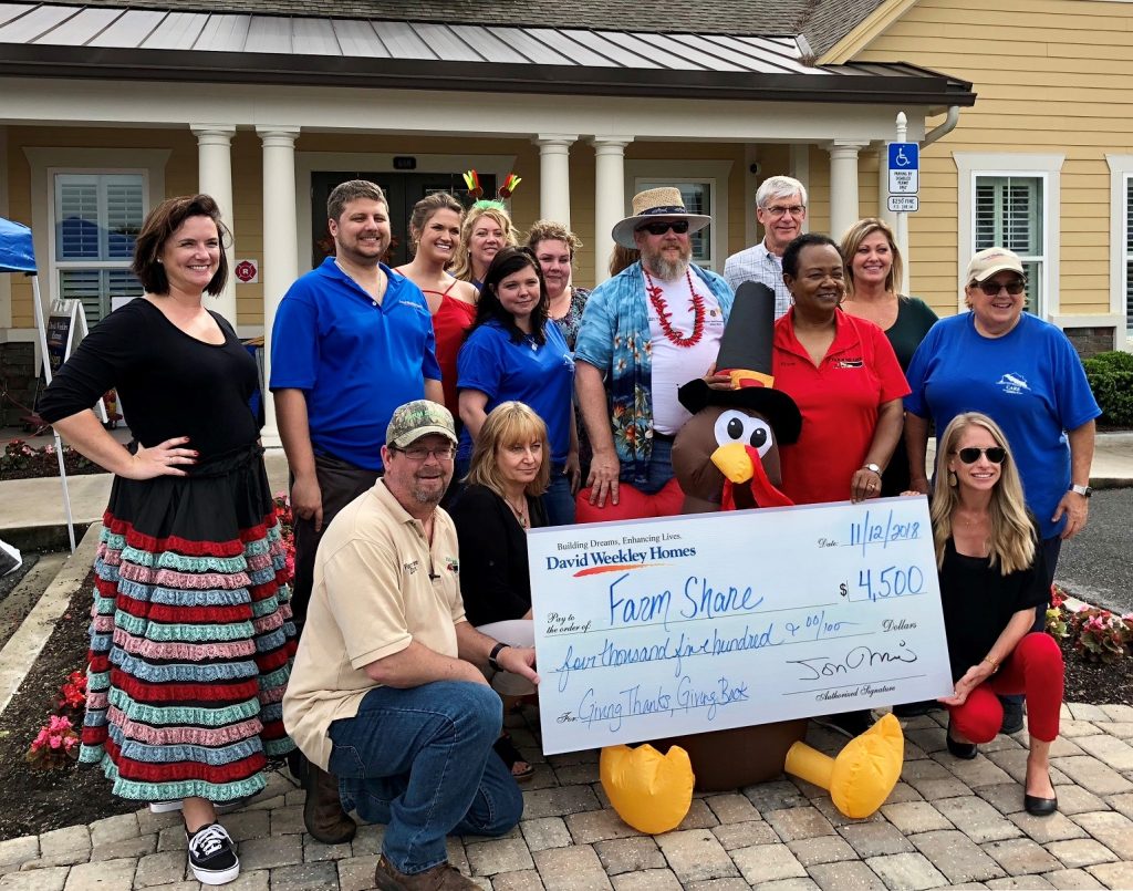 Team members from David Weekley Homes donated more than 1,200 turkeys and nearly 4,500 pounds of nonperishable food items to Farm Share, Inc. to benefit families in need.