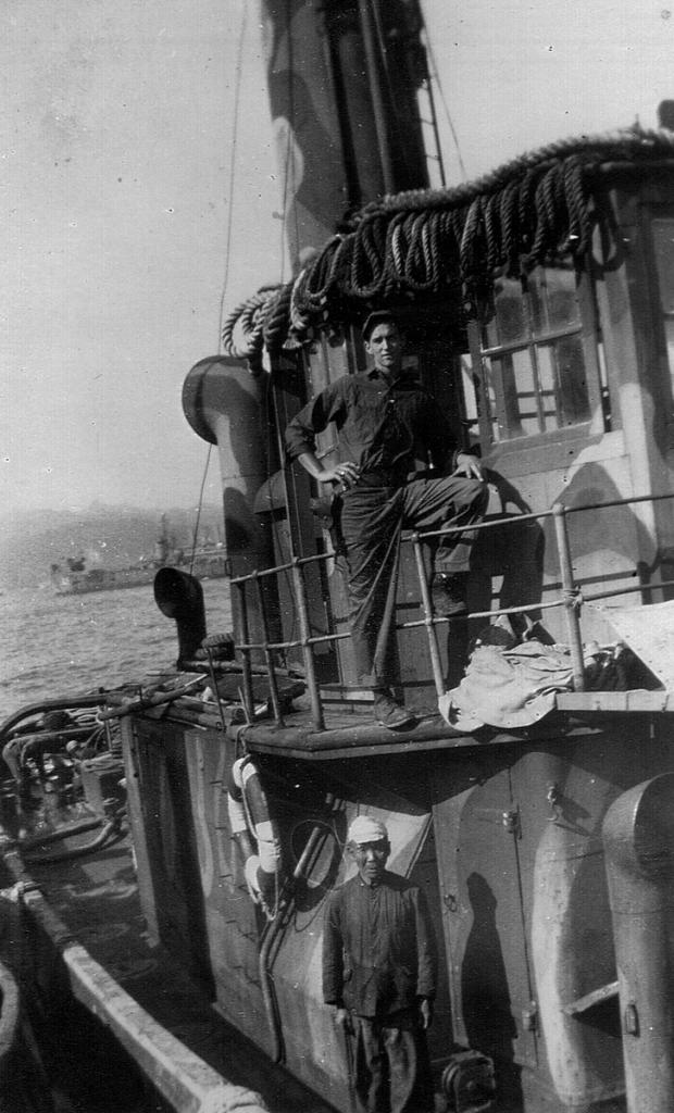 Clayton Riley on a tugboat in Japan in 1945