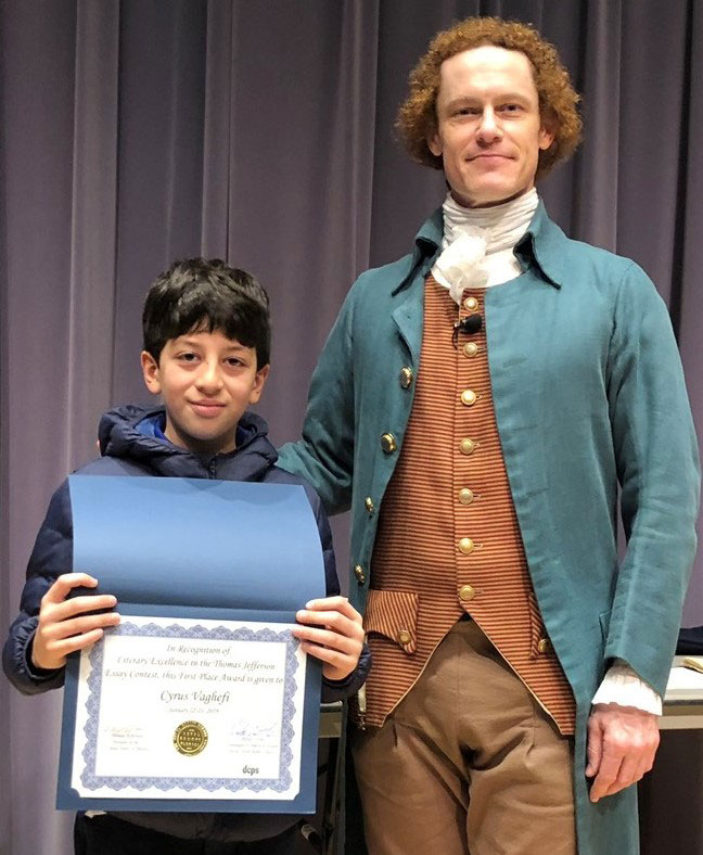 Essay winner Cyrus Vaghefi, Bolles Whitehurst Campus, with Thomas Jefferson, portrayed by Steven Edenbo