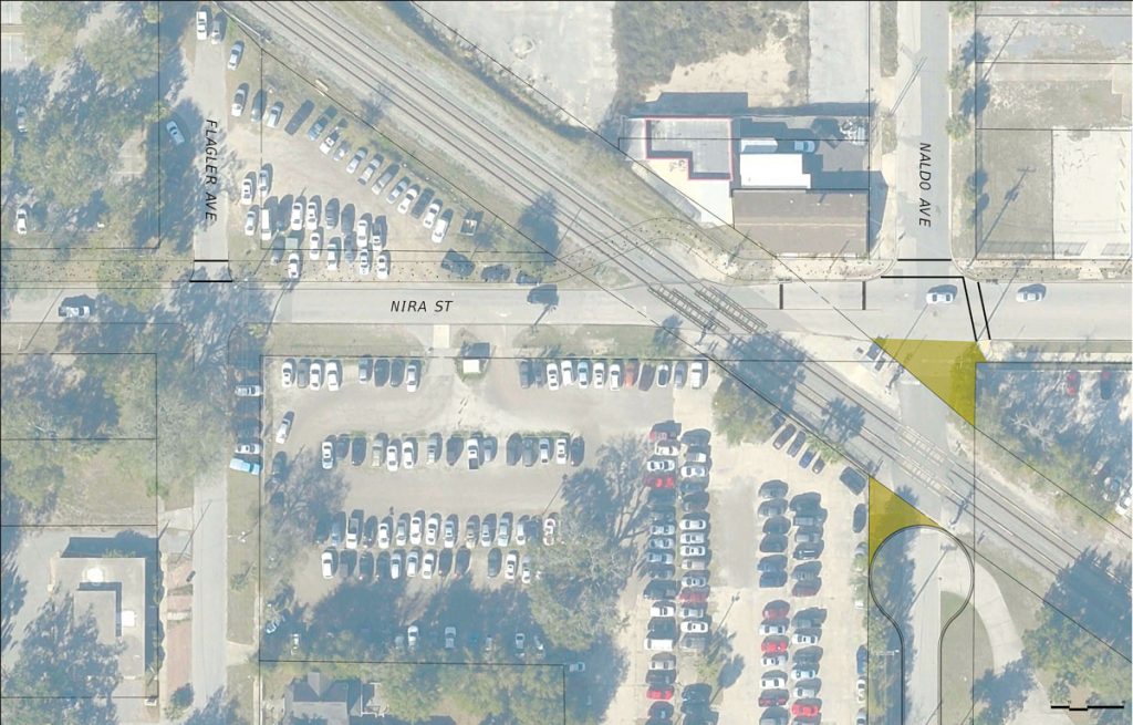 City map showing the closure of the railroad crossing at Naldo Avenue and the new pedestrian crossing on Nira Street so that a new multi-use path can be built circling North San Marco and connecting with The District property and the Southbank Riverwalk.