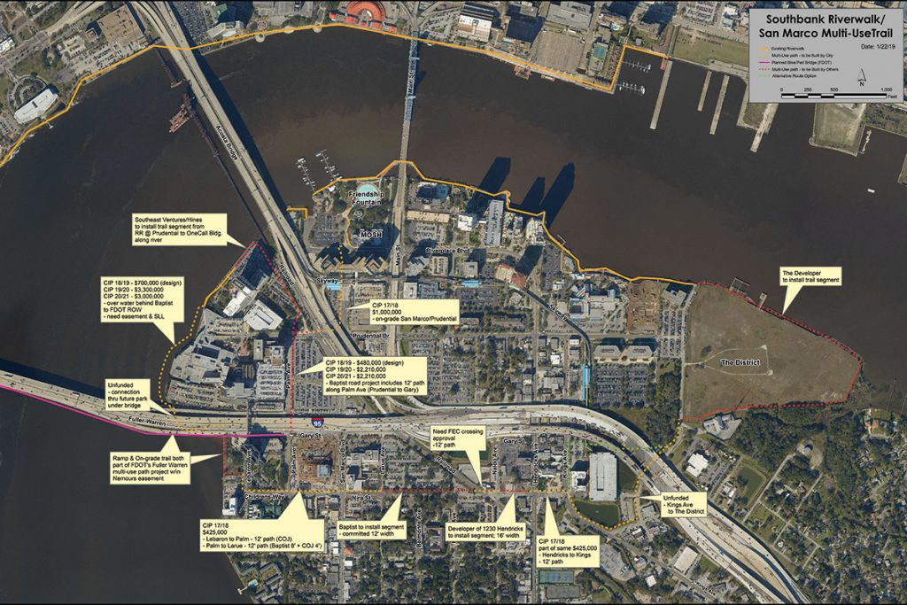 The existing Southbank Riverwalk (solid yellow line) will be extended by the City of Jacksonville and adjacent property developers.