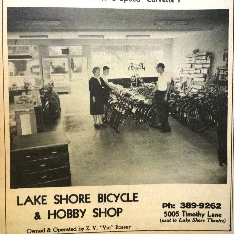 A newspaper ad in the 1950s when the bike shop was on Timothy Lane in Lakeshore.