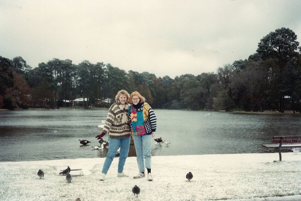 Juliette and Jennifer DeJong enjoy snow at the Duck Pond, December 1989