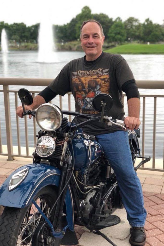 Vic Ephrem on his 1940 Harley Davidson, “Knucklehead,” in 2018