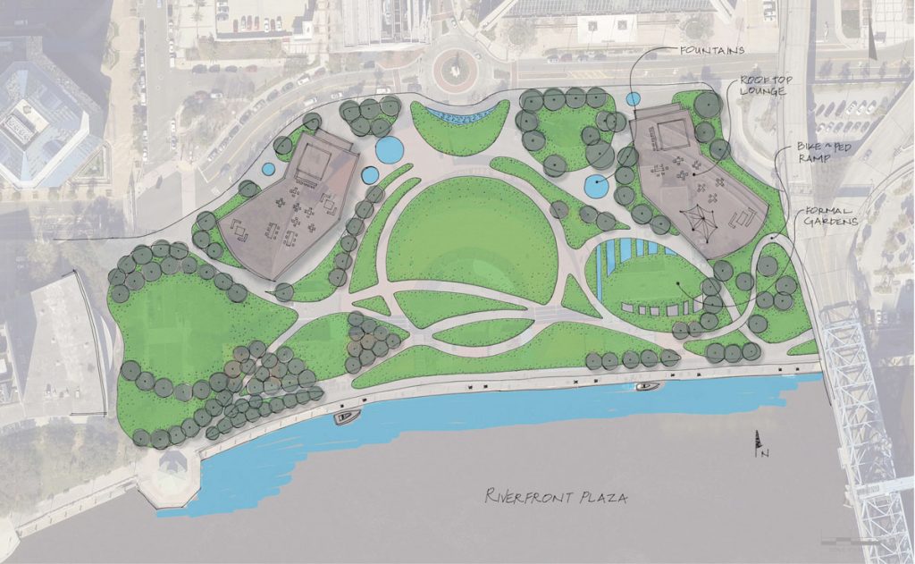 Rendering of the riverfront park the City wants to build on The Landing site