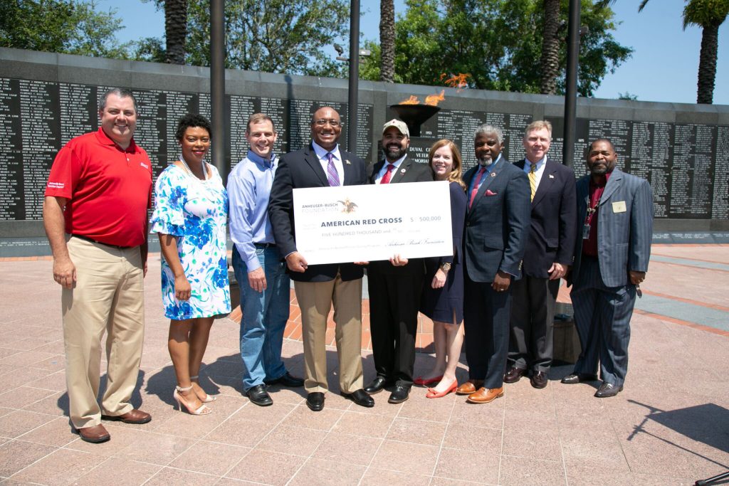 Craig Tomeo, General Manager, Anheuser-Busch Jacksonville Brewery; Tracie Davis, Florida State Representative; Tim Seitz, General Manager, Jacksonville Metal Container Corporation; Bill Bradley, Vice President of Community Affairs at Anheuser-Busch; Koby J. Langley, Senior Vice President for the Service to the Armed Forces division of the American Red Cross; Colleen Brennan, Board Chair, American Red Cross of North Florida; Gerald Thomas, Chief Executive Officer, American Red Cross North Florida Region; Harrison Conyers, Military Affairs and Veterans Department, City of Jacksonville; and A.J Johnson, Florida Department of Veterans Affairs