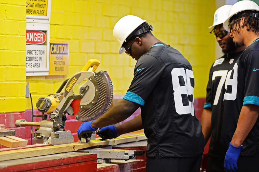 Members of the Jaguars rookie class took the first One Team. One Home. shift of the year on June 17, building the frame for a new house at the HabiJax warehouse.