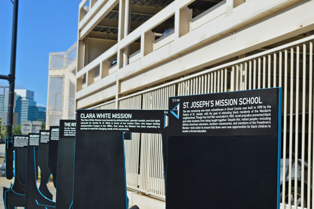 Based on input from the community, the artists identified 11 sites of cultural and historical significance to the African American culture in Jacksonville and incorporated them into the art.