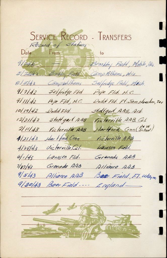 Page from William Hicklin’s journal documenting his 14 moves over two years from Sept. 1941 to Sept. 1943