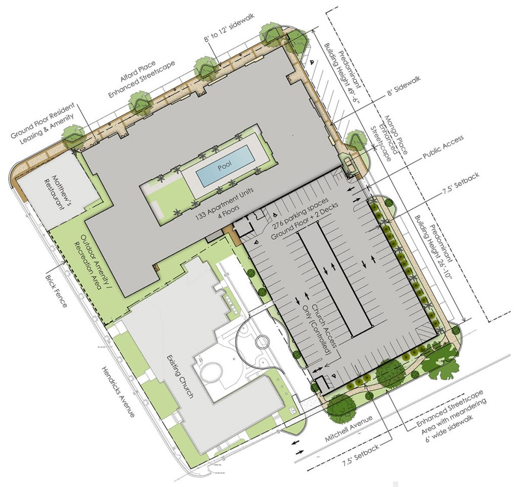 Revamped site plan of Park Place at San Marco, which includes a two-story, three-level garage and 133 apartment units.
