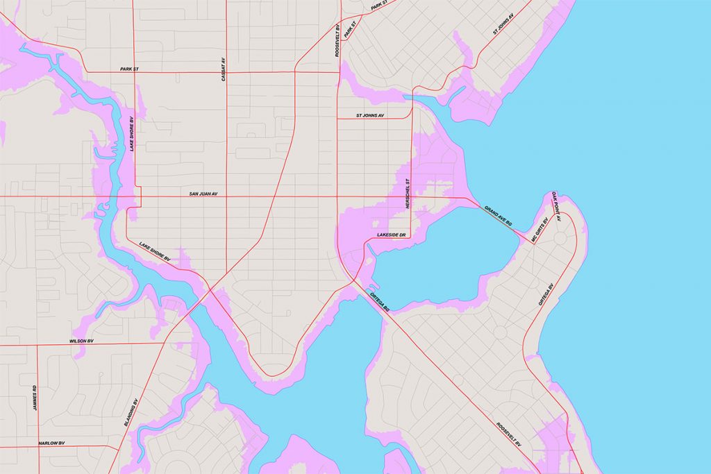 City planning map of the Ortega River where the areas in purple delineate the areas that are more at risk of flooding due to sea-level rise, storm surge and coastal overflow.
