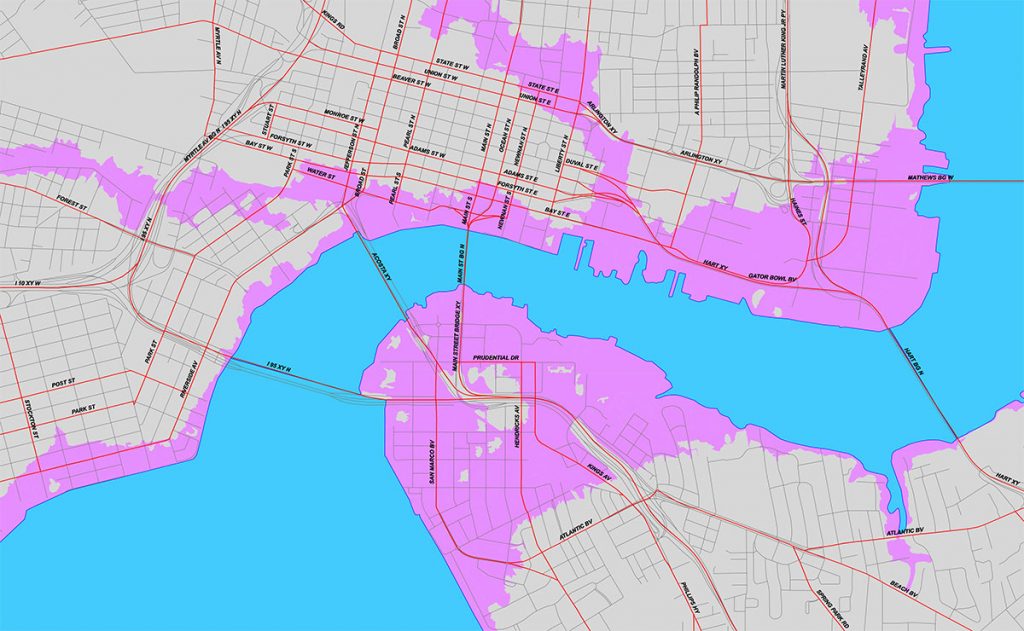 City planning map of Downtown, San Marco and Riverside where the purple delineates areas that are more at risk of flooding due to sea-level rise, storm surge and coastal overflow.