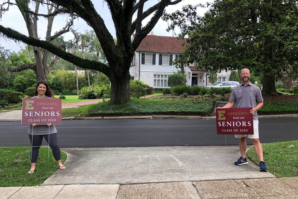 Ryan Riggs, director of College Counseling at Episcopal, delivered signs in San Marco with Stephanie Schuester, a college counseling assistant at the school. Riggs’s daughter is a member of the senior class.