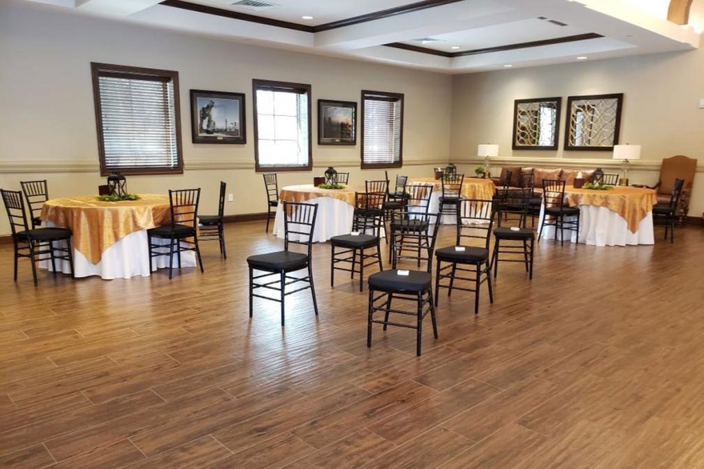 Chairs are set up for social distancing at Legacy Lodge, a gathering place on Hardage-Giddens Oak Lawn property where the facility that normally might house 160 is restricted to 40 during the time of COVID-19.
