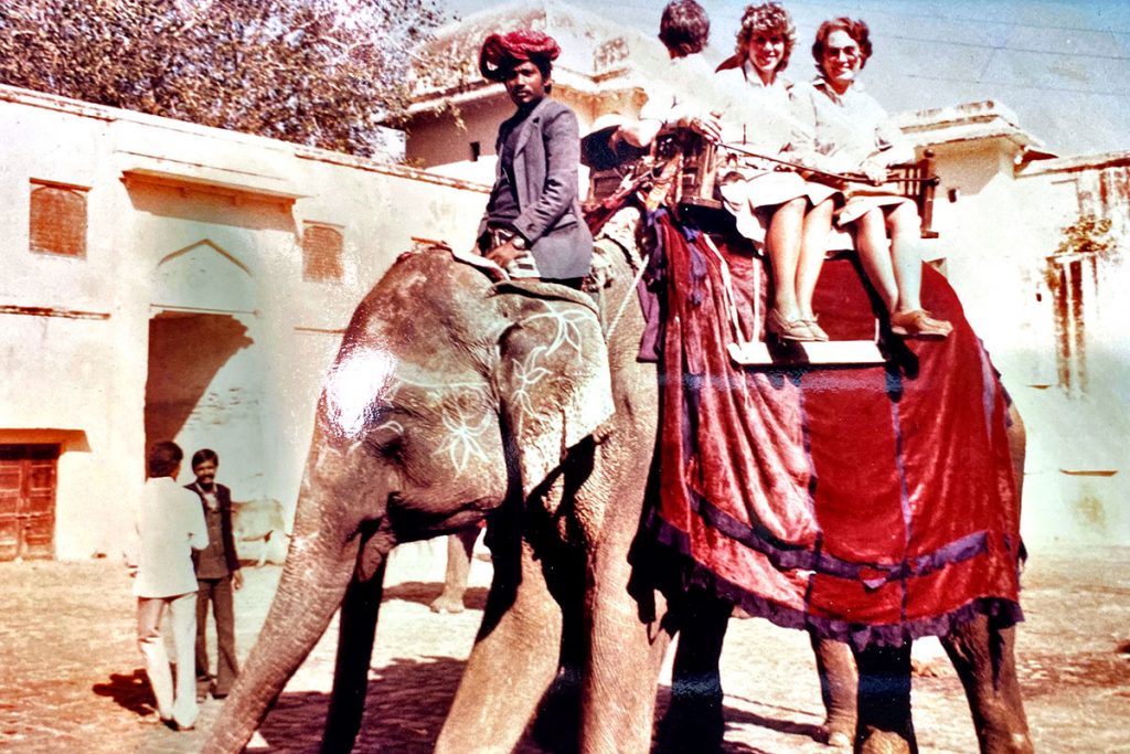Ann Jeter and her daughter, Shannon, ride an elephant in India in the 1980s