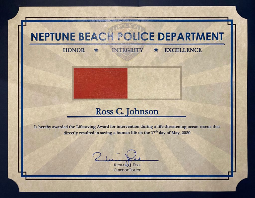 Certificate given to Ross Johnson by the Neptune Beach Police recognizing his dramatic rescue.