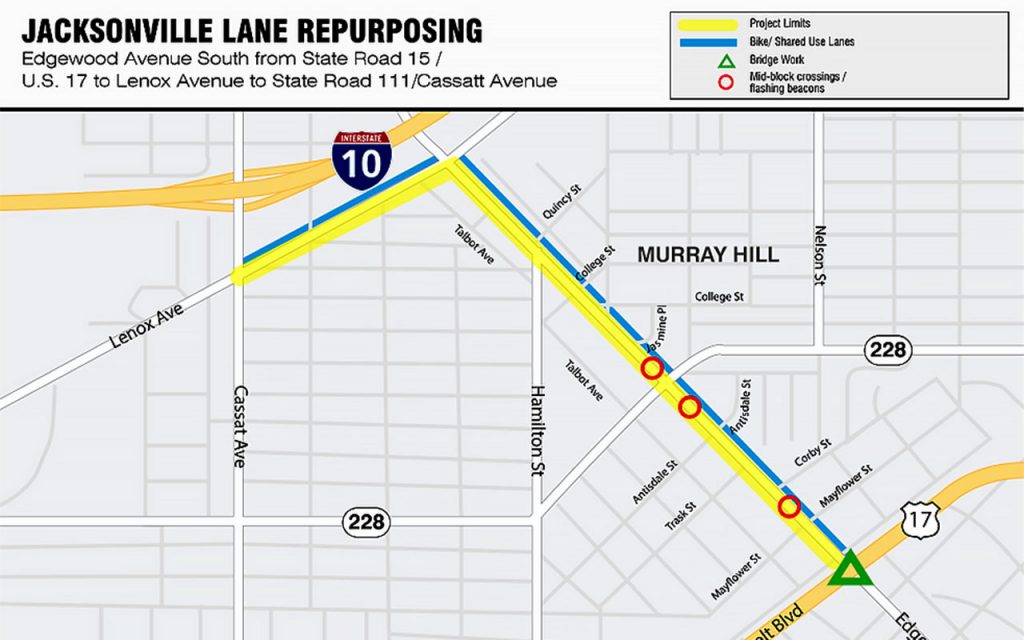 Map of lane repurposing on Edgewood Avenue South