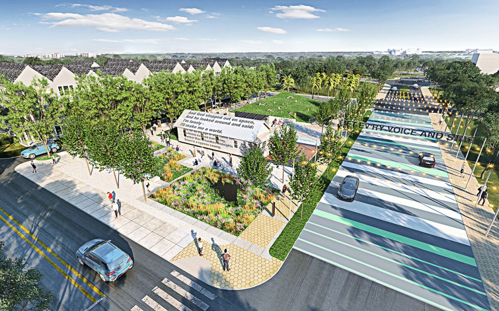 Aerial rendering of Lift Ev’ry Voice and Sing Park in LaVilla