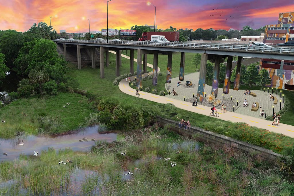 Rendering of a proposed segment of the Emerald Trail as it winds underneath the Mathews Bridge near Hogans Creek.