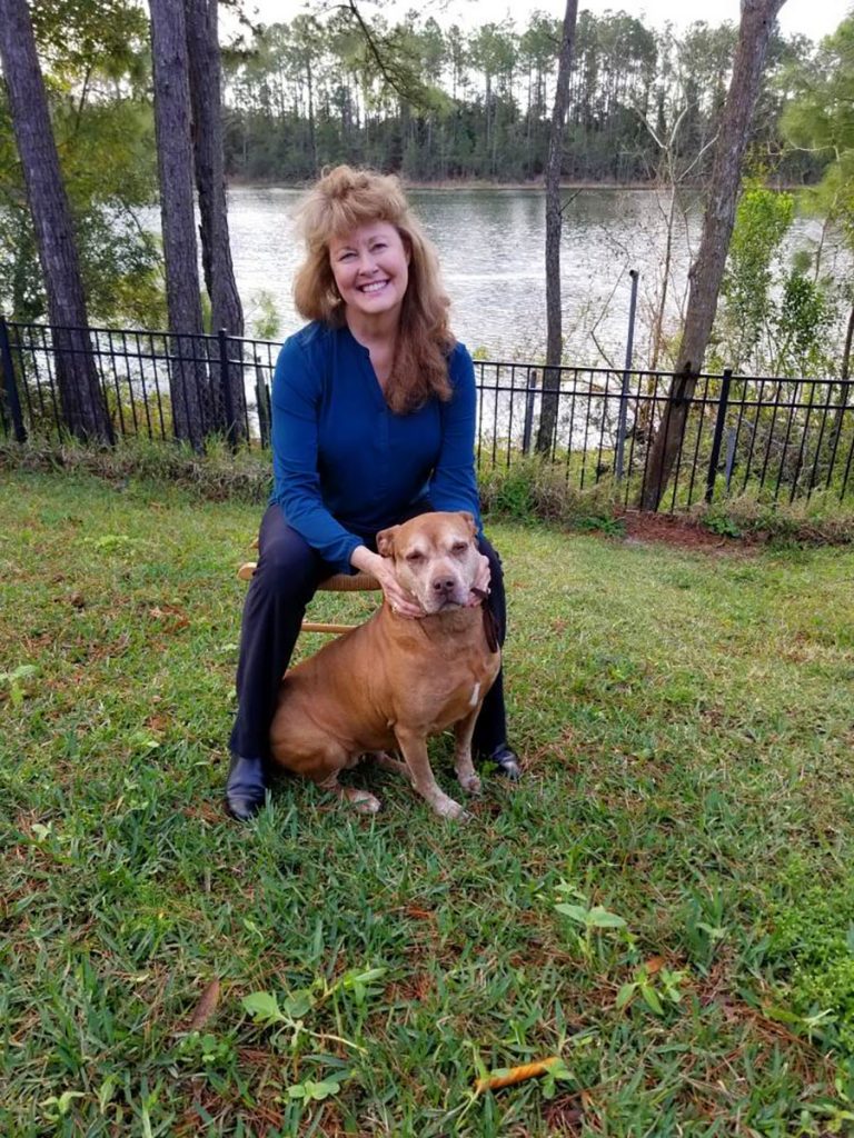 Julie with her Sammy, an oversized senior shepherd dumped in woods next to Sam’s on Beach Blvd., so traumatized it took weeks and many rescuers to finally safetrap her.
