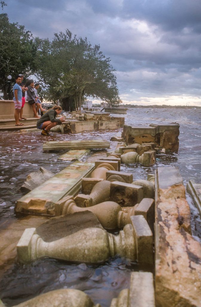 Fallen Soldiers: Balusters from the Memorial Park seawall balustrade built in 1924 were toppled by Hurricane Irma Sept. 11, 2017. (Photo by Mark Krancer, Kram Kran Photo, for Memorial Park Association)