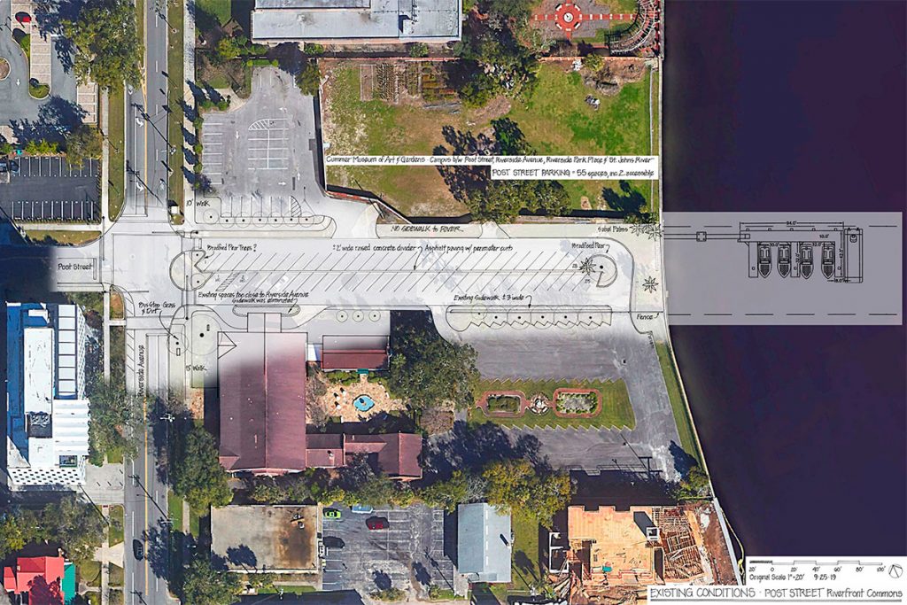 Diagonal parking as it exists now and extends down toward the river.