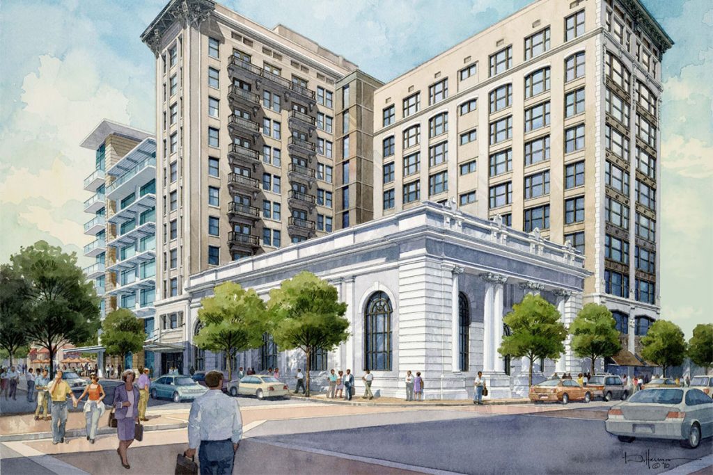 Rendering of proposed renovation to the Laura Street Trio, presented to the Downtown Investment Board.
